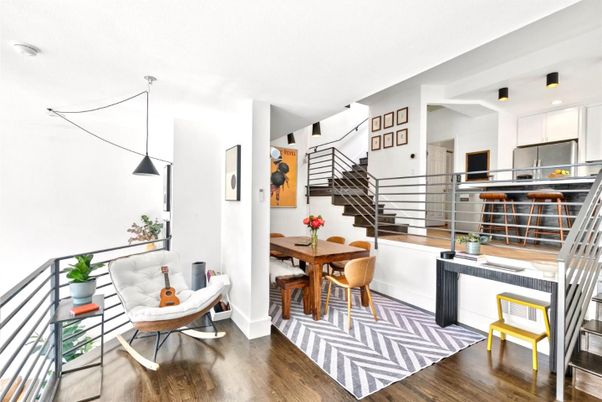 Dining room, Interior, Kitchen, Pendant Lights, Stainless Steel Appliances, Wood Texture Flooring