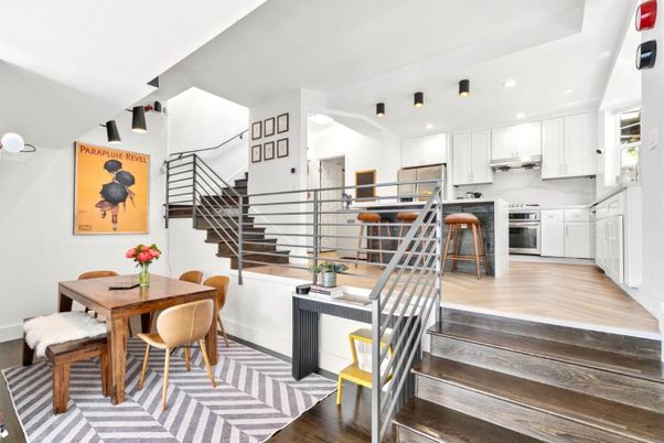 Dining room, Interior, Kitchen, Recessed Lighting, Stainless Steel Appliances, Wood Texture Flooring