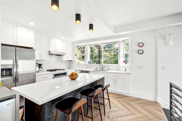 Interior, Kitchen, Recessed Lighting, Stainless Steel Appliances, Wood Texture Flooring