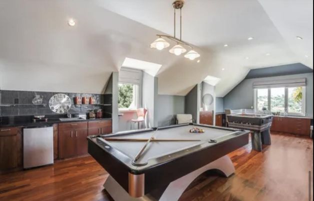 Billiard Table, Game Room, Interior, Pendant Lights, Recessed Lighting, Wood Texture Flooring
