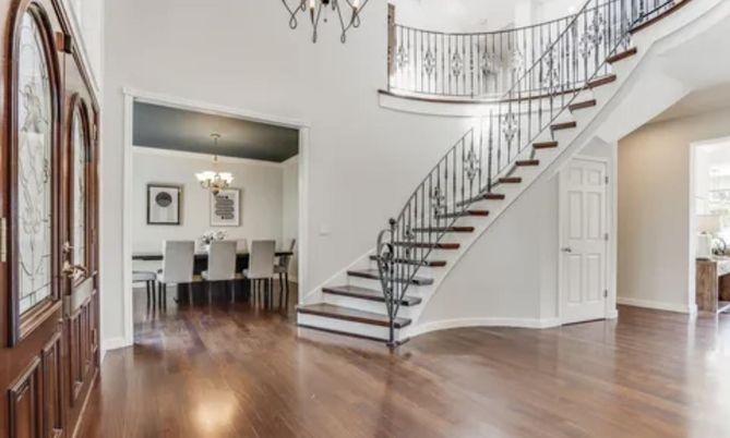 Chandelier, Dining room, Interior, Wood Texture Flooring