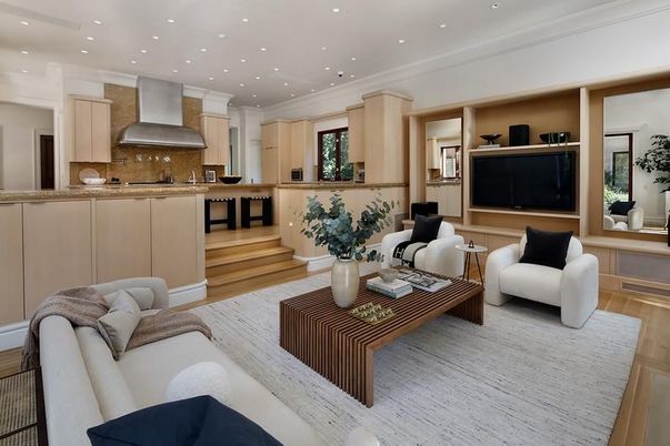 Interior, Kitchen, Living room, Recessed Lighting, Stainless Steel Appliances, Wood Texture Flooring