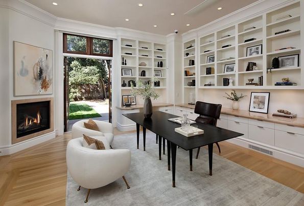 Fireplace, Home Office, Interior, Recessed Lighting, Wood Texture Flooring