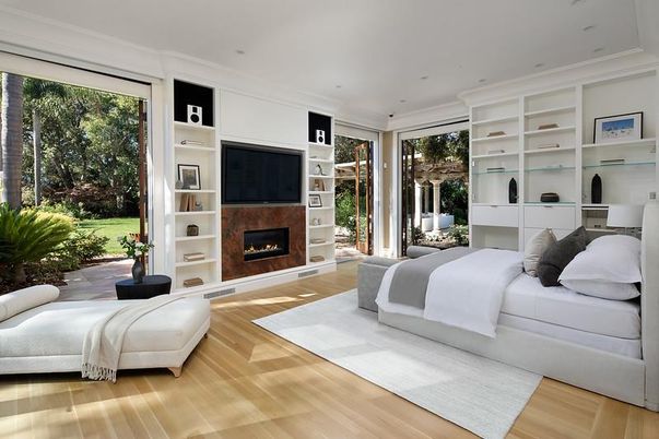 Bedroom, Fireplace, Interior, Recessed Lighting, Wood Texture Flooring