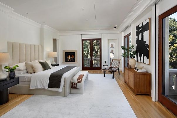 Bedroom, Fireplace, Interior, Marble, Recessed Lighting, Wood Texture Flooring