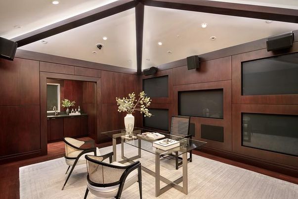 Fireplace, Interior, Recessed Lighting, Wood Texture Flooring, Wooden Walls