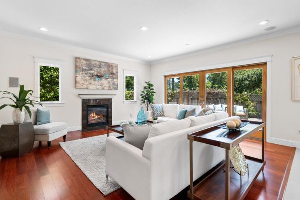 Fireplace, Interior, Living room, Recessed Lighting, Wood Texture Flooring