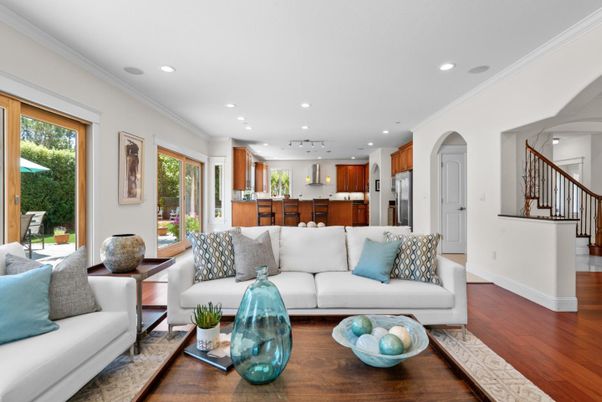 Interior, Kitchen, Living room, Recessed Lighting, Stainless Steel Appliances, Wood Texture Flooring