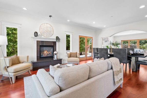 Dining room, Fireplace, Interior, Living room, Recessed Lighting, Wood Texture Flooring