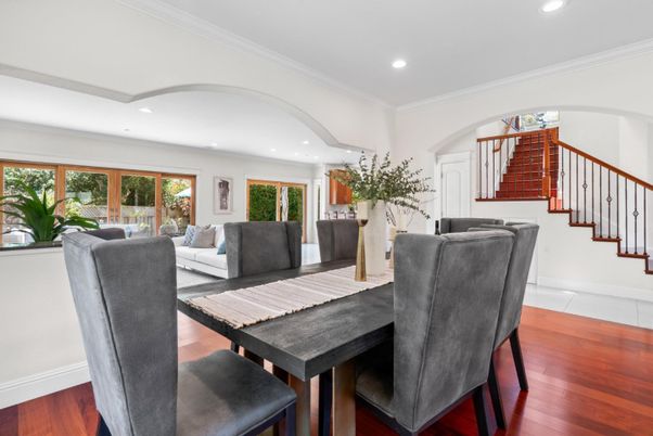 Dining room, Interior, Living room, Recessed Lighting, Wood Texture Flooring