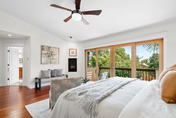 Bedroom, Fireplace, Interior, Recessed Lighting, Wood Texture Flooring