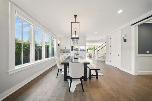 Dining room, Interior, Pendant Lights, Recessed Lighting, Wood Texture Flooring