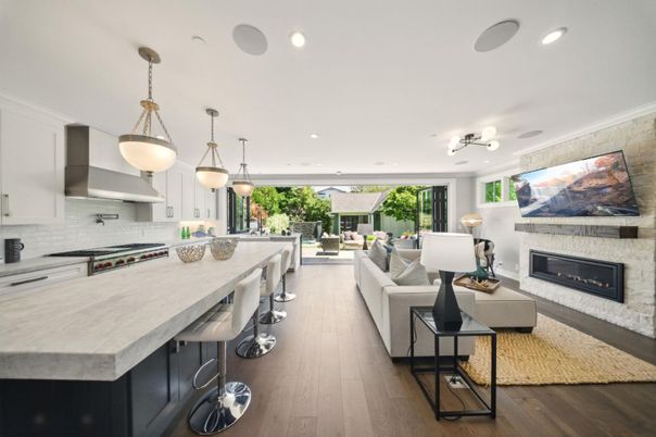 Fireplace, Interior, Kitchen, Living room, Pendant Lights, Recessed Lighting, Wood Texture Flooring