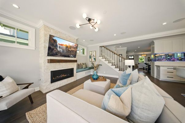 Fireplace, Interior, Living room, Recessed Lighting, Wood Texture Flooring