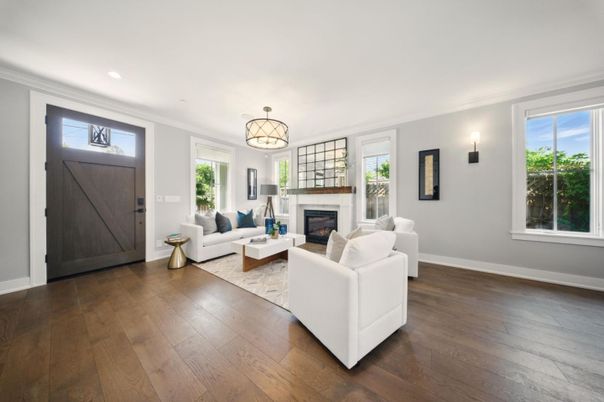 Fireplace, Interior, Living room, Pendant Lights, Recessed Lighting, Wood Texture Flooring