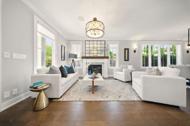 Fireplace, Interior, Living room, Pendant Lights, Wood Texture Flooring