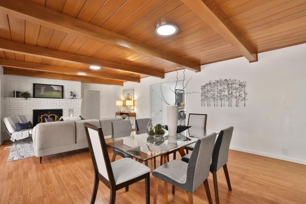 Dining room, Fireplace, Interior, Living room, Recessed Lighting, Stone Walls, Wooden Beams, Wooden Ceilings, Wood Texture Flooring