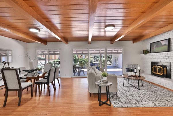 Dining room, Fireplace, Interior, Living room, Stone Walls, Wooden Beams, Wooden Ceilings, Wood Texture Flooring