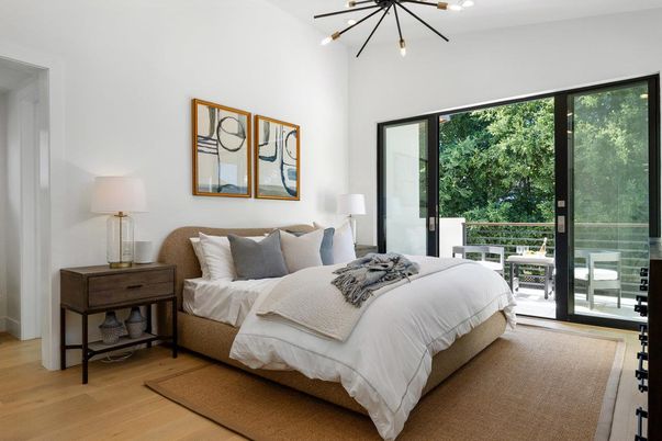 Bedroom, Interior, Pendant Lights, Wood Texture Flooring