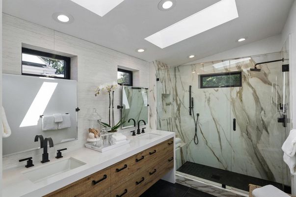 Bathroom, Dual Sink Vanities, Glass Shower, Interior, Marble Walls, Recessed Lighting