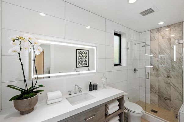 Bathroom, Glass Shower, Interior, Marble Walls, Recessed Lighting