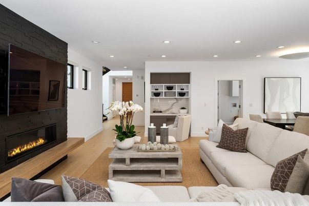 Dining room, Fireplace, Interior, Living room, Recessed Lighting, Wood Texture Flooring