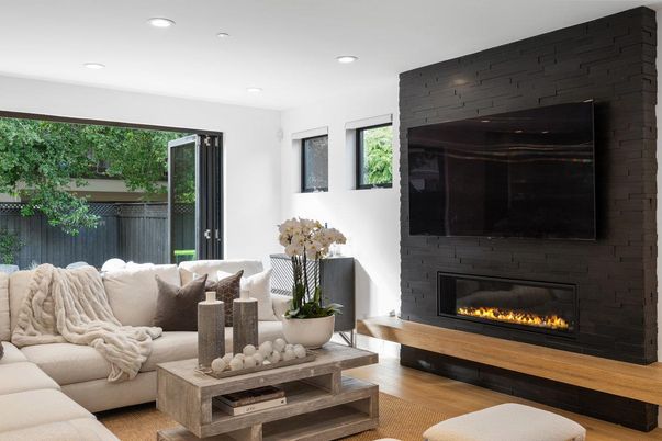 Fireplace, Interior, Living room, Recessed Lighting, Wood Texture Flooring