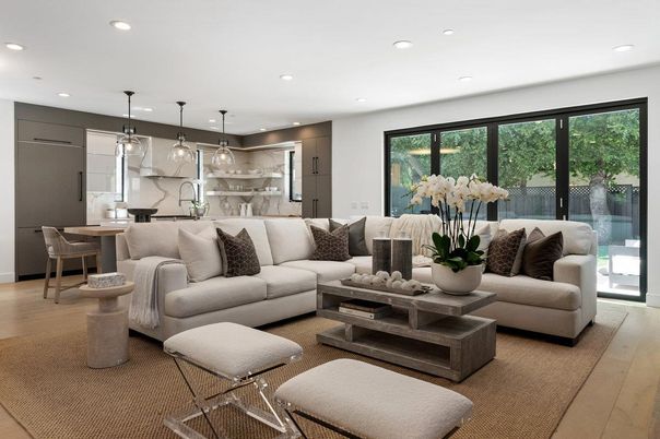 Dining room, Interior, Kitchen, Living room, Marble Walls, Pendant Lights, Recessed Lighting, Wood Texture Flooring