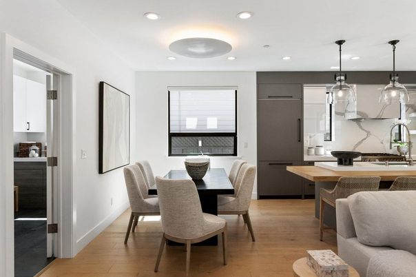 Dining room, Interior, Kitchen, Marble Walls, Pendant Lights, Recessed Lighting, Wood Texture Flooring