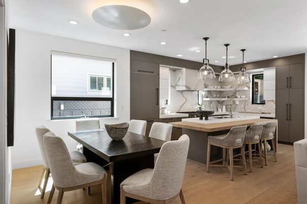 Dining room, Interior, Kitchen, Pendant Lights, Recessed Lighting, Wood Texture Flooring