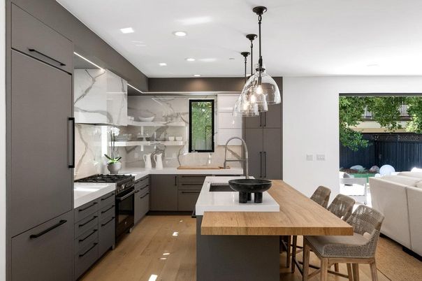Interior, Kitchen, Marble Walls, Pendant Lights, Recessed Lighting, Wood Texture Flooring