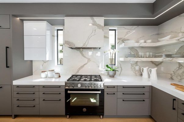 Interior, Kitchen, Marble Walls, Stainless Steel Appliances, Wood Texture Flooring