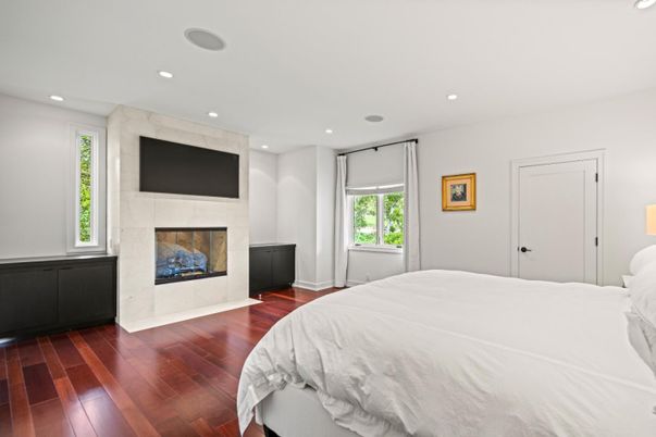 Bedroom, Fireplace, Interior, Recessed Lighting, Wood Texture Flooring