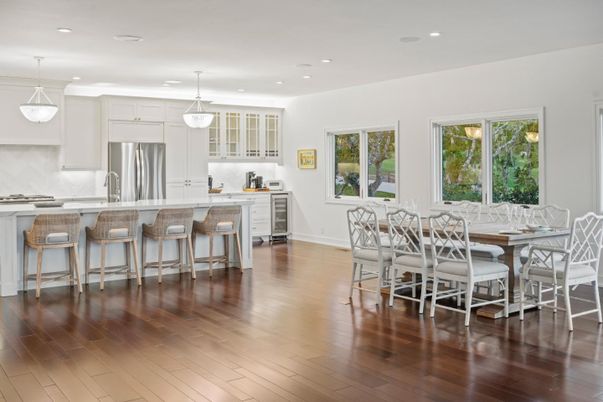 Dining room, Interior, Kitchen, Pendant Lights, Recessed Lighting, Stainless Steel Appliances, Wood Texture Flooring