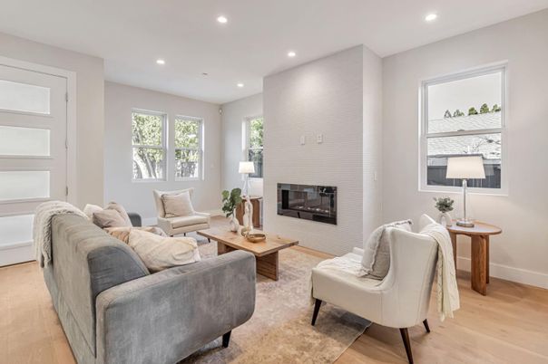 Fireplace, Interior, Living room, Recessed Lighting, Wood Texture Flooring