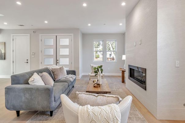 Fireplace, Interior, Living room, Recessed Lighting, Wood Texture Flooring