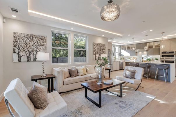 Interior, Kitchen, Living room, Pendant Lights, Recessed Lighting, Stainless Steel Appliances, Wood Texture Flooring