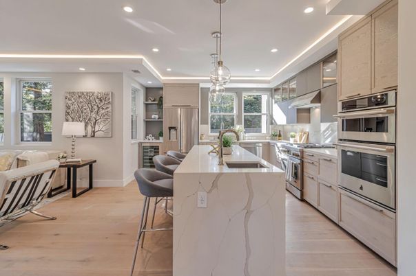 Interior, Kitchen, Pendant Lights, Recessed Lighting, Stainless Steel Appliances, Wood Texture Flooring