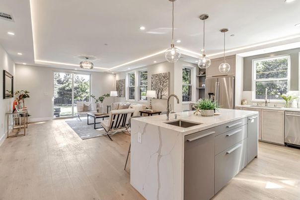 Interior, Kitchen, Living room, Pendant Lights, Recessed Lighting, Stainless Steel Appliances, Wood Texture Flooring
