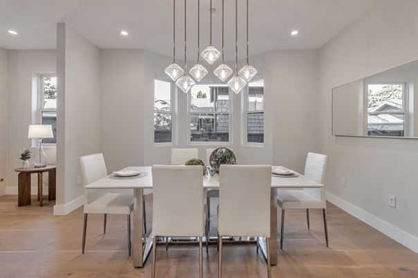 Dining room, Interior, Pendant Lights, Recessed Lighting, Wood Texture Flooring