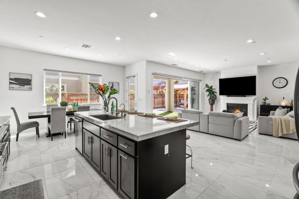 Dining room, Fireplace, Interior, Kitchen, Living room, Marble, Recessed Lighting