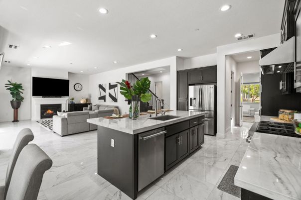 Fireplace, Interior, Kitchen, Living room, Marble, Recessed Lighting, Stainless Steel Appliances