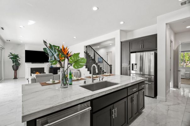 Fireplace, Interior, Kitchen, Marble, Recessed Lighting, Stainless Steel Appliances