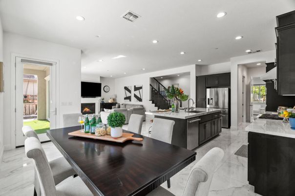 Dining room, Fireplace, Interior, Kitchen, Living room, Marble, Recessed Lighting, Stainless Steel Appliances