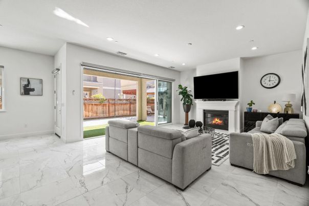 Fireplace, Interior, Living room, Marble, Recessed Lighting
