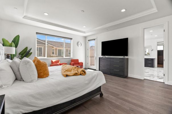 Bedroom, Interior, Marble, Recessed Lighting, Wood Texture Flooring