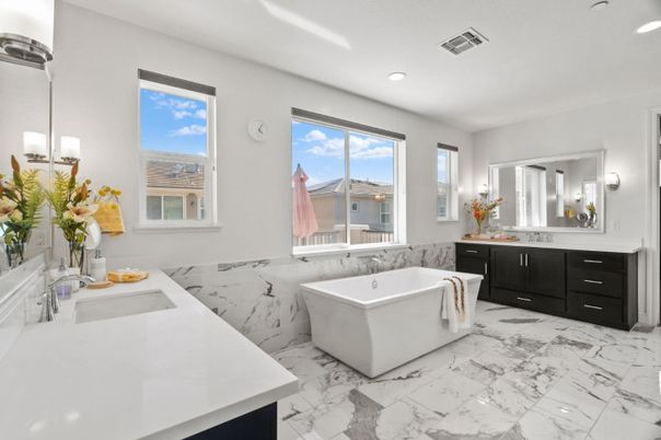 Bathroom, Dual Sink Vanities, Free Standing Baths, Interior, Marble, Recessed Lighting