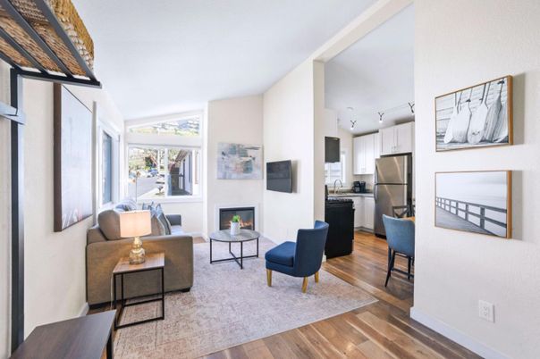 Fireplace, Interior, Kitchen, Living room, Stainless Steel Appliances, Wood Texture Flooring