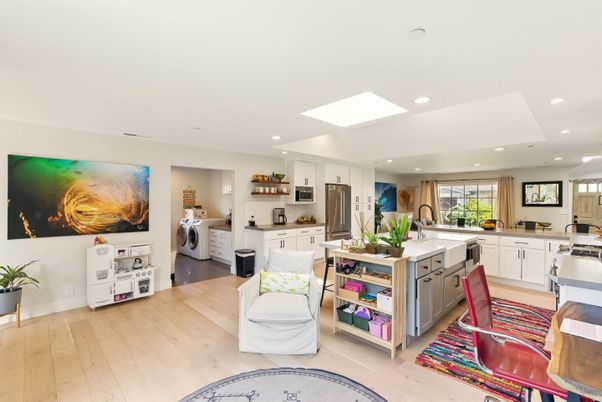 Interior, Kitchen, Recessed Lighting, Stainless Steel Appliances, Washer, Wood Texture Flooring