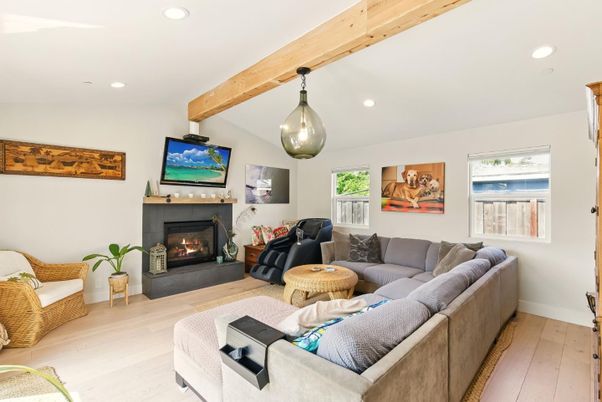 Fireplace, Interior, Living room, Pendant Lights, Recessed Lighting, Wooden Beams, Wood Texture Flooring